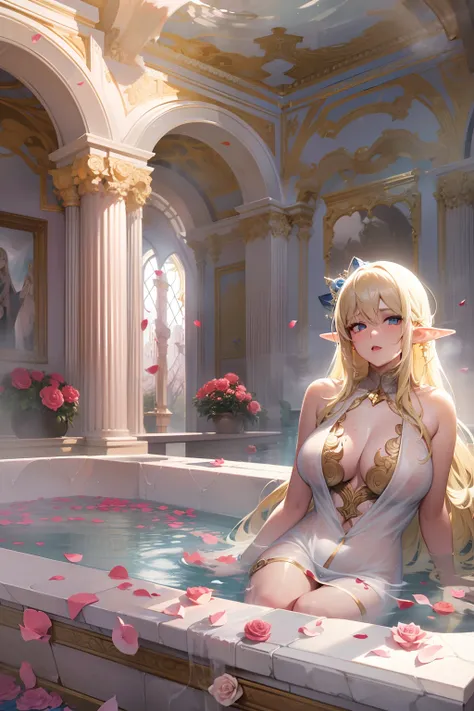 (nsfw 1.1), ((1girl)), ((masterpiece)), realistic, ((highly detailed:1.3)), beautiful elf princess bathing in a marble tub, ((very long blonde hair)), wet hair, wearing a sheer bathrobe, clothed bathing, ivorygoldai, royal palace bathroom setting, steam, v...