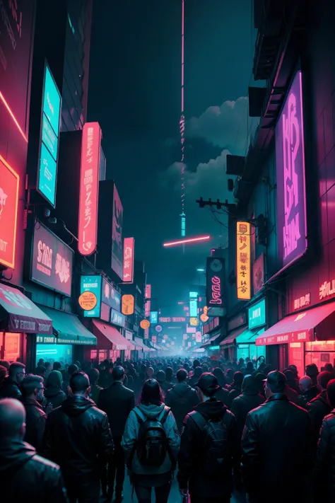 a crowd, Cyberpunk, neon light