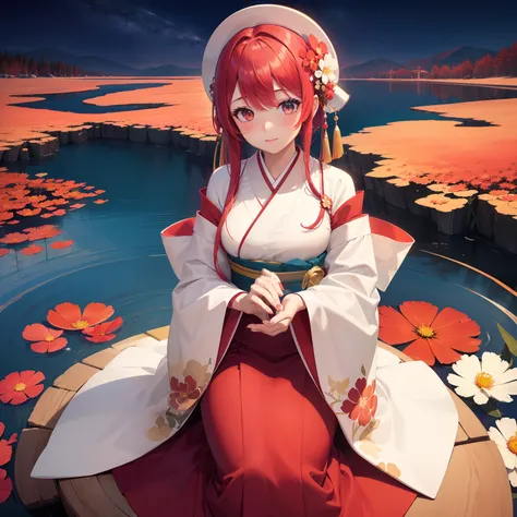 (Beautifully Aesthetic:1.2)、(1girl in:1.3)、(Red and white colorful hair:1.2)、Wearing a colorful kimono in white and pink、cosmos、Cosmos flowers are blooming、Autumn twilight、lake、Fantastic space、Sunset、