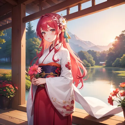 (Beautifully Aesthetic:1.2)、(1girl in:1.3)、(Red and white colorful hair:1.2)、Wearing a colorful kimono in white and pink、cosmos、Cosmos flowers are blooming、Autumn twilight、lake、Fantastic space、Sunset、