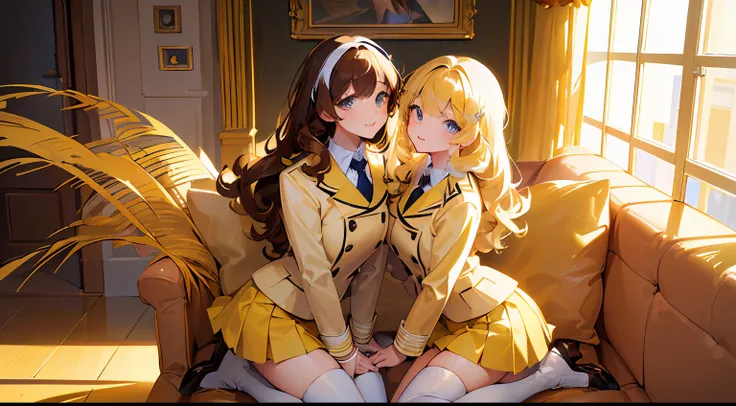 ((masterpiece, best quality, 8k, highres:1.1)), yellow school uniform, highleg, hazel eyes, yellow blazer, medium breasts, yellow pencil skirt, white thighhighs, white thighhigh socks, black high heels, (brown hair, blonde hair, curly hair, long hair, brow...