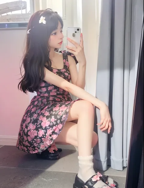 There was a woman crouching in the mirror to take a picture of herself, dressed in a flower dress, Flower dress, flowery dress, 18 years old, loli in dress, 2 2 years old, high quality upload, 2 4 year old female model, cute elegant pose, 21 years old, 2 3...