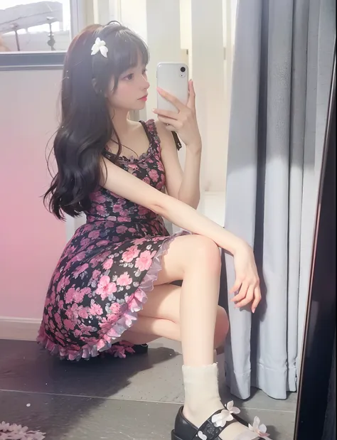 There was a woman crouching in the mirror to take a picture of herself, dressed in a flower dress, Flower dress, flowery dress, 18 years old, loli in dress, 2 2 years old, high quality upload, 2 4 year old female model, cute elegant pose, 21 years old, 2 3...