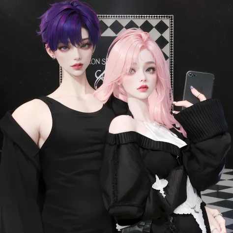 Two women with pink hair and black clothes pose for a photo, nixeu and sakimichan, LBLSCK Hair, imvu, inspired by Sim Sa-jeong, Tumbler, ! two tone hair! dye, secondlife, ( ( 3 d render ) ), inspired by Kim Deuk-sin, inspired by jeonseok lee