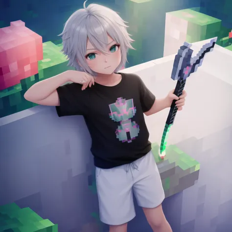 menino loiro 5 anos, pixel, minecraft, com espada de diamante, camiseta colorida