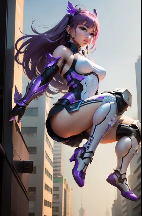 muscular girl, metal full body armored like tranformers, flying hairs, in the city of china, bulky high height, purple and white combination, humans looks confortable, detailed welcoming face, chinese traditional earrings