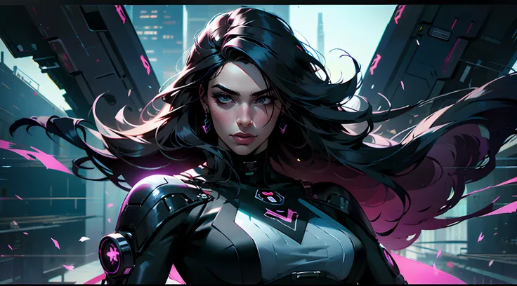 Nijistyle, RFKTR_Tecnotrex, mulher linda, Arte Oficial, Unity 8k imagem de frente , Ultra Detalhado, handsome and aesthetic, obra-prima, melhor qualidade, realista,Beautiful woman with long hair fluttering from the wind , cabelo preto, , Cyberpunk , Epic f...