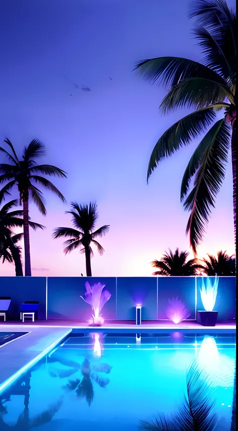 a long swimming pool surrounded by palm trees, illuminated pool, dream pool, infinity pool, reflective lavender ocean water, tropical pool, bright blue glowing water, iridescent shimmering pools, cool purple slate blue lighting, sit on the edge of swimming...