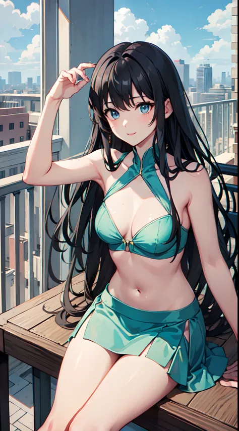 black hair, long hair, blue eyes, green gown, short skirt, slim legs, navel, balcony, happy