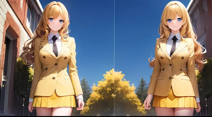 ((masterpiece, best quality, 8k, highres:1.1)), yellow school uniform, highleg, hazel eyes, yellow blazer, medium breasts, yello...