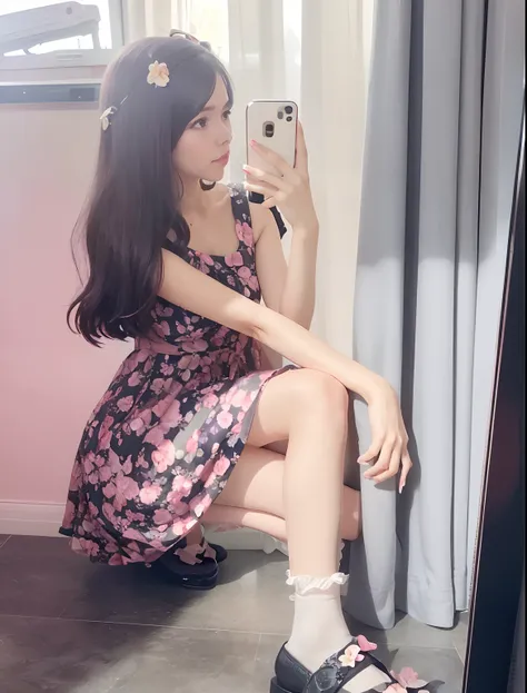 there is a woman sitting on a floor taking a picture of herself, loli in dress, dressed in a flower dress, taken with canon eos 5 d mark iv, Flower dress, Shot on Canon EOS R 6, full bodyesbian! Pretty face, belle delphine, Full body picture, Attractive po...