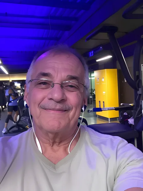 Homem sorridente em uma academia com fones de ouvido e uma luz azul, imagem de perfil, sweating, ele tem cerca de 6 0 anos de idade, ele tem cerca de 60 anos, 4 5 I, em uma academia, 5 5 I, Homens de 45 anos, ele tem cerca de 7 0 anos de idade, david rios ...