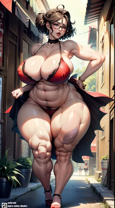 Hot mom，独奏，（：1.3），thick thight，upper legs，Wide buttock，dent in the skin，Double tail，short detailed hair，curlies，ssmile，cheerfulness，（Red lace apron：1.2），cparted lips，plumw，exposed midriff，protruding areolas，gigantic cleavage breasts，4K，realistic humid skin...