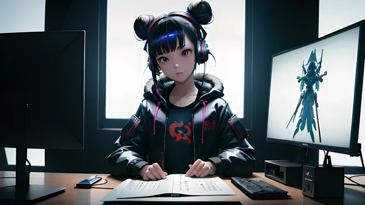 masterpiece,best illustration,solo,1girl,sitting,hair bun,keyboard (computer),fur trim,computer,monitor,hood,jacket,hood down,chair,headphones,city,double bun,instrument,cyberpunk, a small wooden toy,((intricate details)),colorful details,iridescent colors...