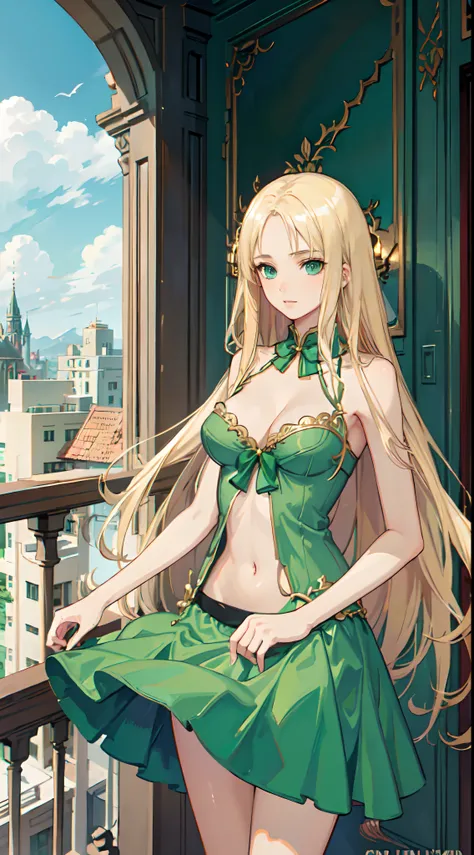 blonde hair, long hair, green eyes, green gown, short skirt, slim legs, navel, balcony, happy, cleavage