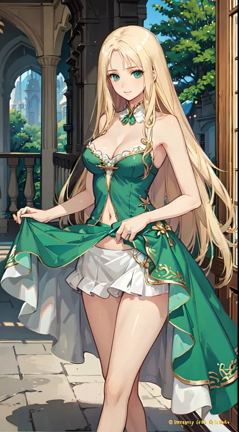 blonde hair, long hair, green eyes, green gown, short skirt, slim legs, navel, balcony, happy, cleavage