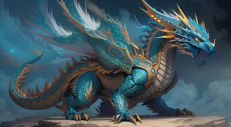 The epic blue dragon is a breathtaking creature, whose majesty and splendor transcend the limits of the imagination. Seu corpo enorme, coberto por escamas iridescentes de um azul profundo e brilhante, it seems to reflect the night skies themselves. Each sc...