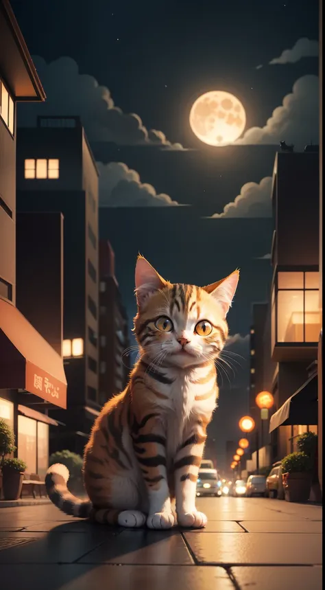 Cat, orange, Cute, Big eyes, masutepiece, fullmoon, Skyscrapers, Street, cartoon