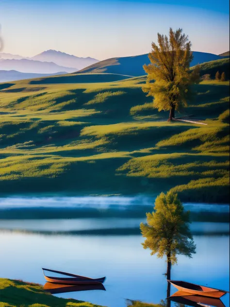 in the early morning，On the steppe，The tree，mont，lake，Clear，small boats，beautiful natural places，k hd