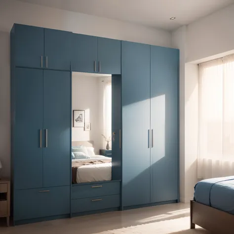 Quarto, Design Criativo, Custom furniture L-shaped wardrobe in essential secret blue MDF with double bed bed, ultra qualidade, melhor qualidade, 4k, minimalismo, estilo luxo, Uplighting, moderno.