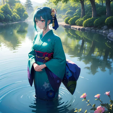 (Beautifully Aesthetic:1.2)、(1girl in:1.3)、(Blue and green colorful hair:1.2)、Wearing a colorful kimono of blue and green、Tsuyukusa、Flower garden of Tsuyukusa、respect、nostalgic、serenade、Morning dawn、Soak up the morning sun、Glowing on the surface of the wat...