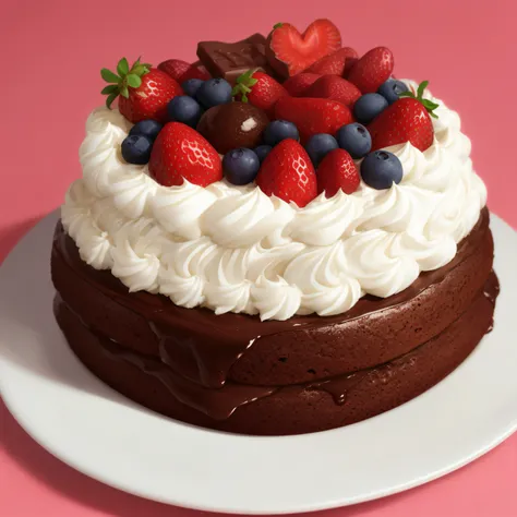 Chocolate cake with strawberries, fruits, cheerful arrangements, realistic, 8k,