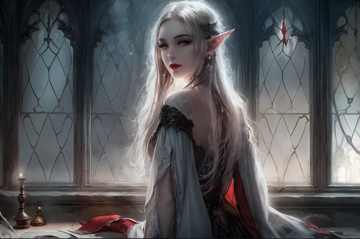 a picture of vampire elf in her castle, an exquisite beautiful female vampire elf in her library,  [full body] (ultra detailed, Masterpiece, best quality), ultra detailed face (ultra detailed, Masterpiece, best quality), grey skin, blond hair, hair in a po...