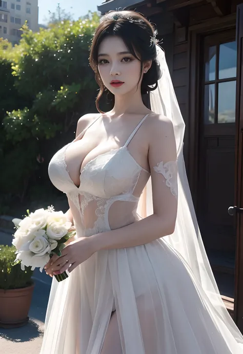 huge tit，Sheer tulle sheer wedding dress。