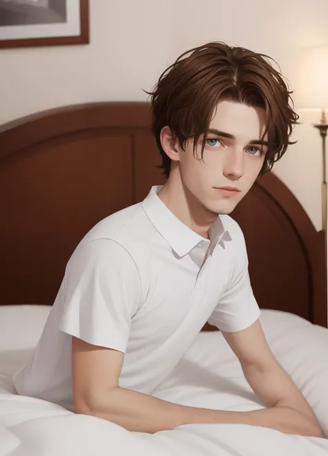 homosexuality，Beds，high detal，Best image quality，in a panoramic view，exquisite facial features，Beautiful boy，Shota，solo person，pupils，Watery eyes，Love pupils，Be red in the face，is shy，short detailed hair，brunette color hair，Collar，dressed in a white t-shir...