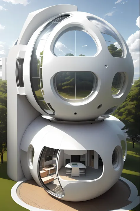 semi-spherical exterior home,  nwe innovation, modern architectural design, new scientific home, high solar energy technology,  white color and metallic, forest, daylight, sky, white cloud, realistic, photorealistic, futuristic, 8K, masterpiece, best quali...