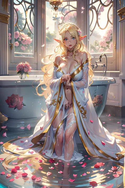 (nsfw 1.1), ((1girl)), ((masterpiece)), realistic, ((highly detailed:1.3)), beautiful elf princess bathing in a marble tub, ((very long blonde hair)), wet hair, wearing a sheer bathrobe, clothed bathing, ivorygoldai, royal palace bathroom setting, steam, o...