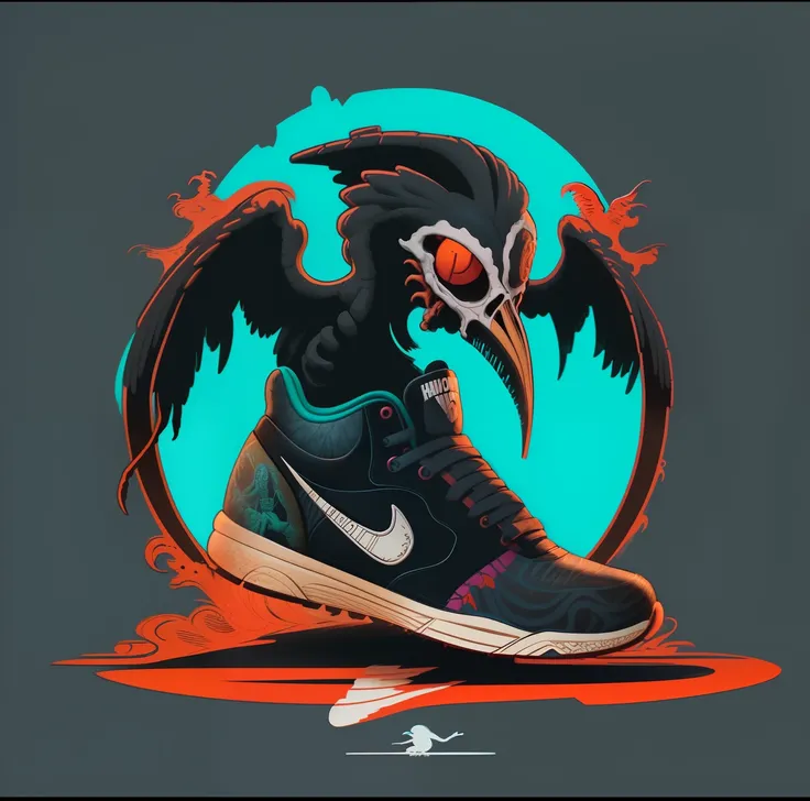 a closeup of a shoe with a bird on it, nychos art aesthetic, design hiperbesta, No estilo Dan Mumford obra de arte, 8 k altamente detalhado ❤🔥 🔥 💀 🤖 🚀, inspirado em Dan Mumford, sneaker design, Swoosh, Nychos, No estilo de arte de Dan Mumford, Conceptual a...