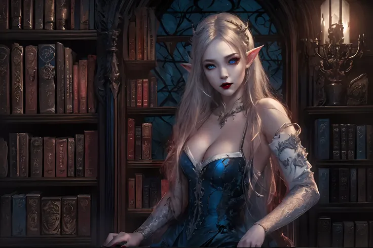 a picture of vampire elf in her castle, an exquisite beautiful female vampire elf in her library,  full body (ultra detailed, Masterpiece, best quality), ultra detailed face (ultra detailed, Masterpiece, best quality), grey skin, blond hair, hair in a pony...