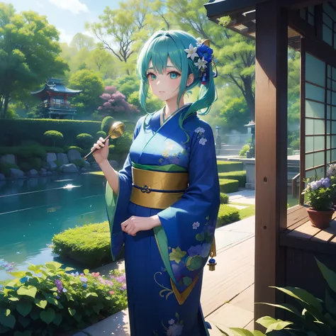 (Beautifully Aesthetic:1.2)、(1girl in:1.3)、(Blue and green colorful hair:1.2)、Wearing blue and green colorful kimono、Tsuyukusa、Flower garden of Tsuyukusa、respect、nostalgic、serenade、zori、Eau、natta、stele、starrysky、play、serenade、