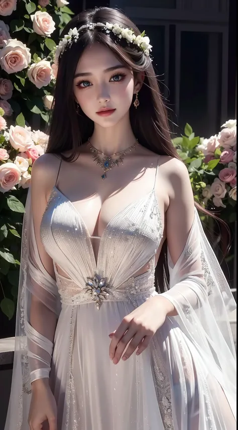 4K ultra hd, masterpiece, a cute girl, good face, detailed eyes, liquid lipstick, long hair, spreading hair, necklace, beaeutiful dress, long dress, marriage dress, black color, high lights, light effects, shining, realistic background, nature background, ...