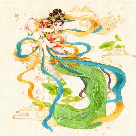 Alavid image of a woman with long flowing hair, A beautiful artwork illustration, an ancient Chinese goddess, gilded lotus princess, ancient china art style, a beautiful fantasy empress, spring goddess, Exquisite digital illustration, guanyin of the southe...