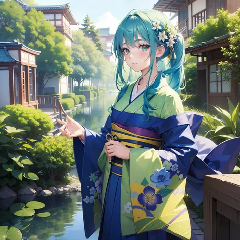 (Beautifully Aesthetic:1.2)、(1girl in:1.3)、(Blue and green colorful hair:1.2)、Wearing blue and green colorful kimono、Tsuyukusa、Flower garden of Tsuyukusa、respect、nostalgic、serenade、zori、Eau、natta、stele、starrysky、