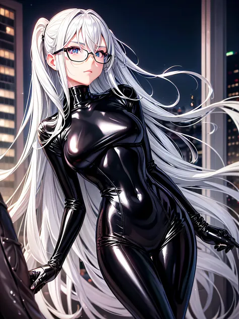 5 8K UHD、A beautiful woman with a small nose with silver hair in a shiny black rider suit with skin hidden up to the tips of black shiny fingertips wearing glasses is looking down、Late night city、Wearing a shiny black latex slider suit with hidden skin、Shi...