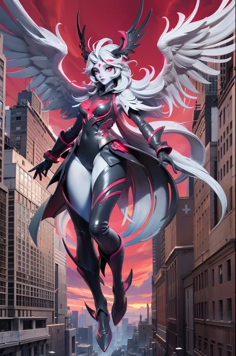 full body picture Unreal Engine 5 8K UHD female monster, white skin, holes on body, have 2 wings, fantasy design, red sky with angelic eyes, destroy the city, using red magic, best quality, masterpiece