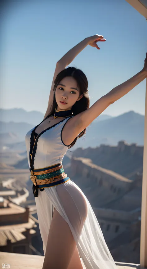 1girll，Dance，Beautiful Dunhuang flight suit，（Beautiful costume design），Long messy hair，JI Jian，Dunhuang style，A lot of smoke，Exquisite，Elegant colors，（realisticlying，high detal，Highest high resolution，tmasterpiece，ultra - detailed，dynamic angle，Mural backg...