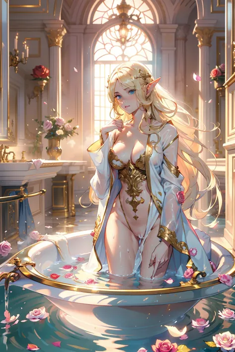 (nsfw 1.5), ((1girl)), ((masterpiece)), realistic, ((highly detailed:1.3)), beautiful elf princess bathing in a marble tub, ((very long blonde hair)), wet hair, wearing a sheer bathrobe, clothed bathing, ivorygoldai, royal palace bathroom setting, steam, o...