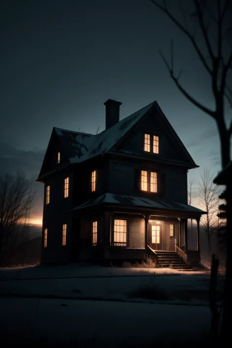 **Horror movie scene, night shot of an abandoned house on top of a hill, with leafless trees, dramatic lighting,