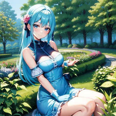 blue-haired noble maiden garden bright