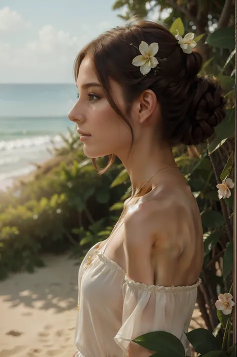 Graceful lady, tropical nature backdrop, hair adorned with a delicate flower, profile view highlighting hair elegantly swept behind the ear, beach attire, camera positioned above the chest, rich brown hair, photographic art, soft and diffused lighting, pas...