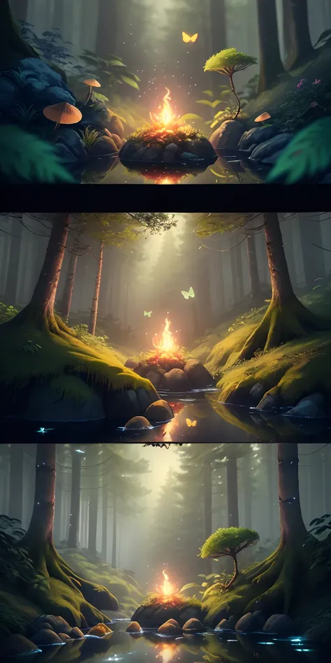 A masterpiece, the best quality, stunning reflections, the best reflections ever. (very detailed CG unity 8k wallpapers), (best quality), (best illustrations), (best shadows), forest theme with natural elements. Tall trees, quiet streams, small glowing mus...