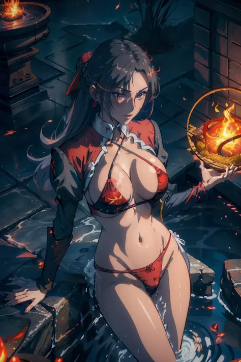 princess azula, evening, sunset, looking at viewer, cleavage, red satin robes, clothed bathing, girl floating above the water, palace, temple, fire, lava, red glowing, smug face (NSFW 1.1)