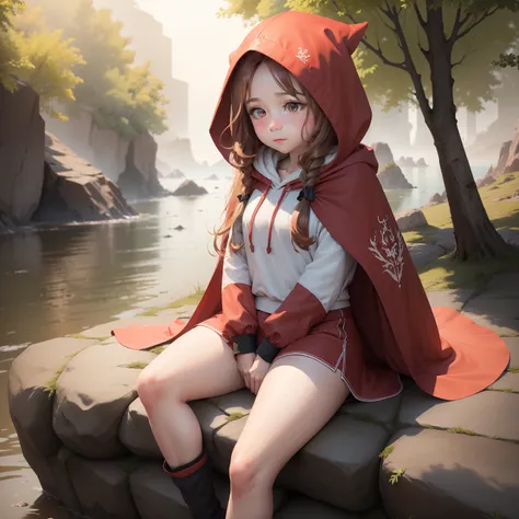 1 girlirl，ultra - detailed，tmasterpiece，illustratio，chest circumference，Sit on a stone facing ahead，Petite woman，Red long-haired，red color eyes，Shy face，Lively body，White hooded cape and shorts，An adventurer