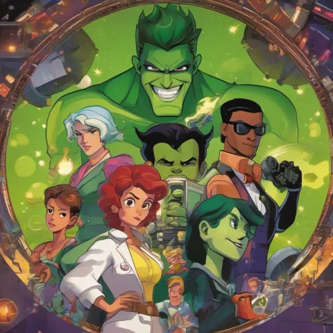 Make a wallpaper of various cartoon franchise characters on a movie cover: (menino musculoso, menino musculoso negro, about three young women, um sentinela homem celestial sem asas, Two villainous scientists of crazy works, a small green boy with green hai...