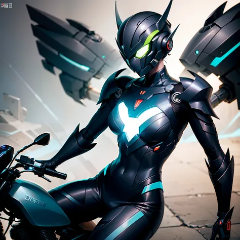 Highest image quality，Outstanding details，超高分辨率，（fidelity：1.4），The best illustration，Favor the details，closeup cleavage，A mecha Kamen Rider，Demon helmet，Evil charm，Full body armor，Left-handed battle blade，（The human body is structurally normal），Riding on a...