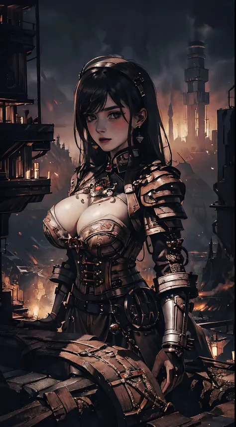 (masterpiece, best quality, intricate, exquisite details, hyperdetailed, dieselpunk), stunning woman sitting on rubles, hime cut, black & red accent dieselpunk chic outfit, megastructures in the distance, vantage point, horizon, gritty texture, cross proce...